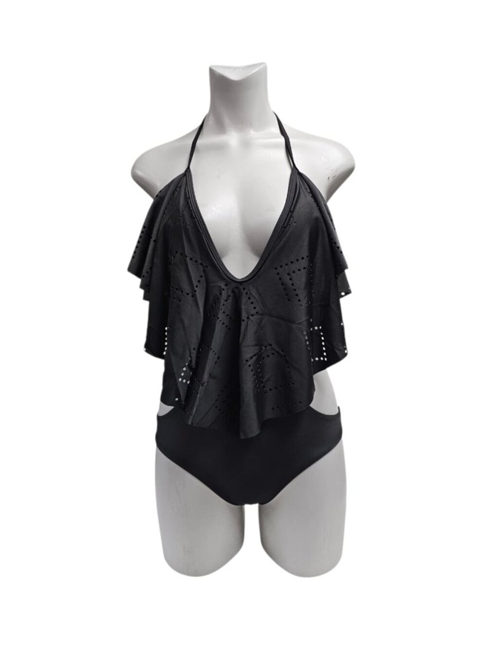 V-neck Halter flounce black monokini Swimwear . M